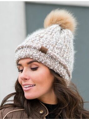 50%off w❤️ C.C Beanie taupe Knit Fuzzy Lined Brown Faux Fur Pom 162